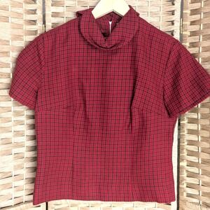 Vtg Reine Wolle Red Black Plaid Mock Neck Short Sleeve Structured Top Mod EU 40